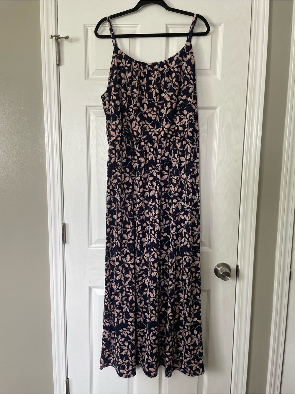 Navy Floral Maxi Dress with Pink Leaf Print